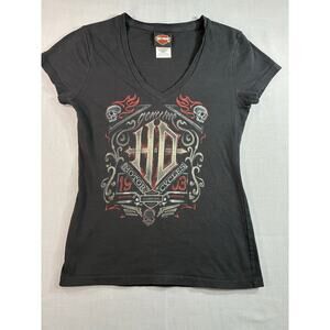 Harley Davidson T Shirt Womens Small Black V Neck Leesburg FL Graphic Tee